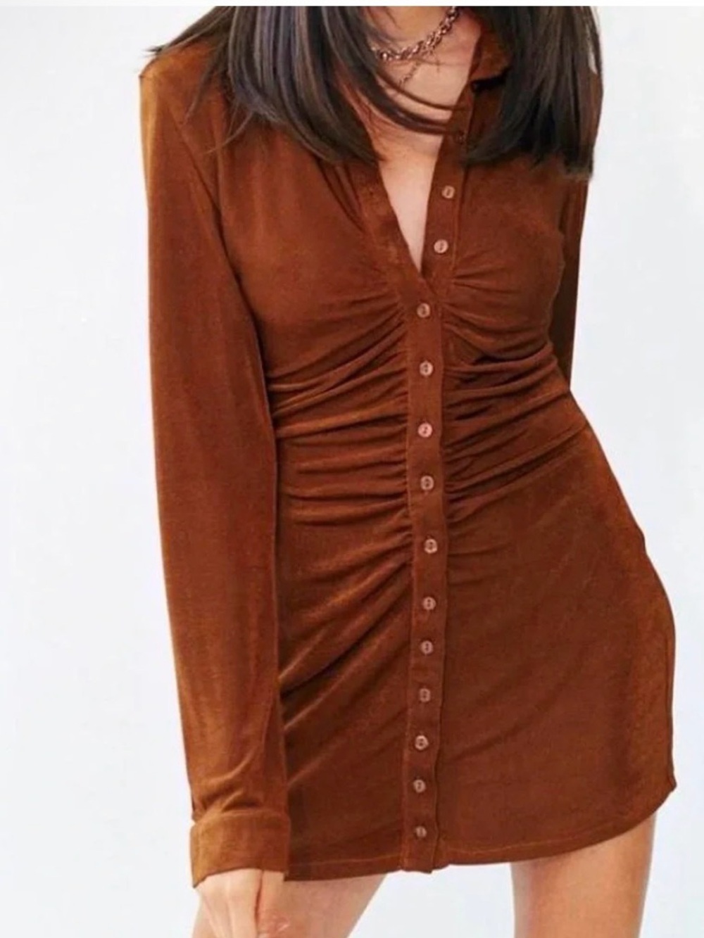 With Jean Brown Ruched Button-Front Mini Dress